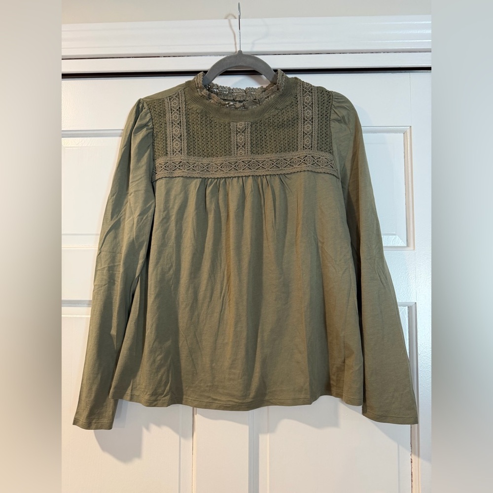 NWT LOFT Olive Green Lace Detail Long Sleeve Shirt - Size Small